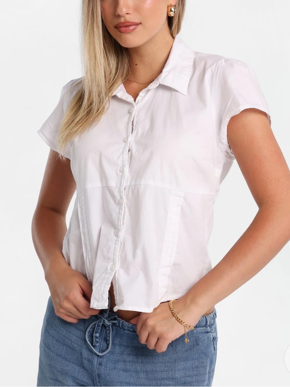 White Poplin tie up Short Sleeve Button up Women's Top